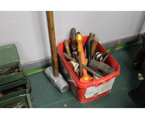 Box of tools to include files, hammers, sledge hammer 