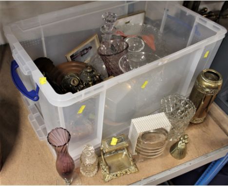 Box of glassware and brassware, candlesticks and decanter etc