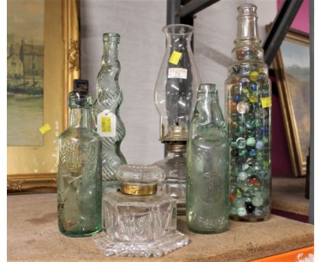 Vintage style oil lamp, COD bottle. inkwell, twisted glass vase, bottle of marbles 
