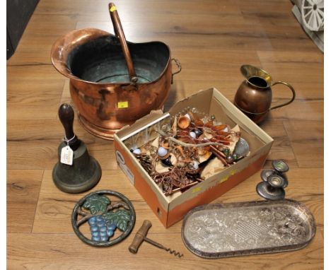 Copper coal helmet, brass bell, box of hanging ornaments, metal tray etc