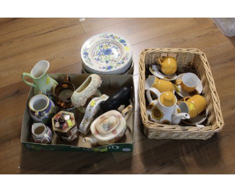 Aynsley clock, Masons plates and bowls and sunflower tea set, blush teapot, Noritake vase, Crown Devon jug etc