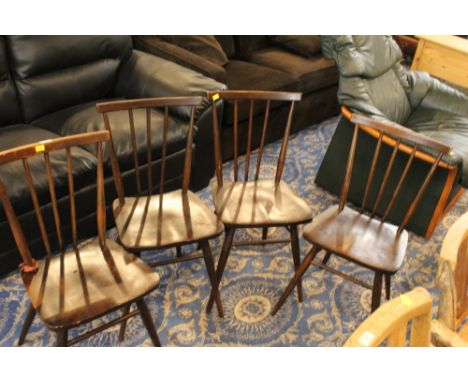 Set of four Ercol spindle backed kitchen chairs, height 78 cm, width 38.5 cm, depth 35 cm 