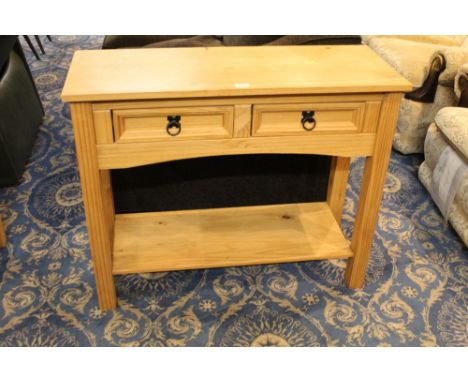 Pine hall table with two drawers and shelf below, height 73 cm, width 90 cm, depth 34.5 cm