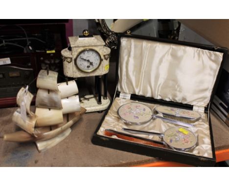 Horn ship ornaments, mantle clock and dressing table vanity set in box 