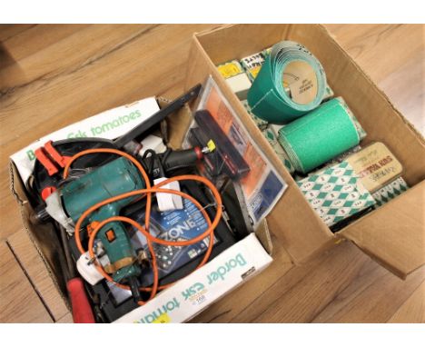WorkZone sanding tools, electric drill, boxes of screws etc 