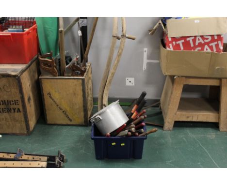 Two scythes and box of garden hand tools