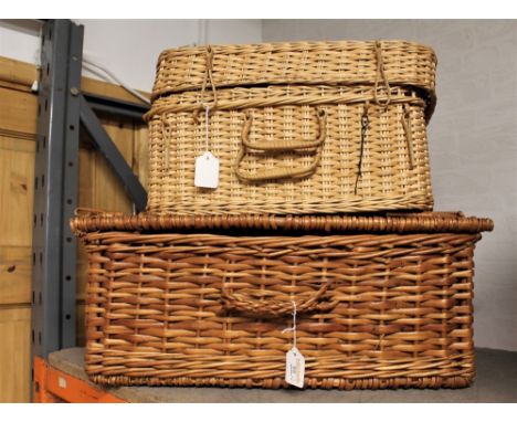 Two picnic hamper baskets, one with contents