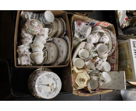Two boxes of part tea sets, cups, saucers, plates, cake stands