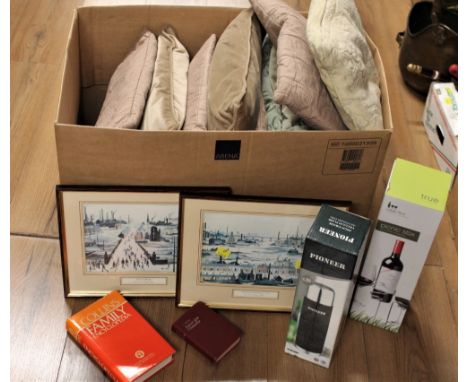 Cushions, flask, pictures etc 