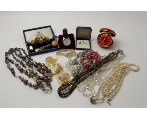 Collection of costume jewellery, travel alarm clock and wristwatch 