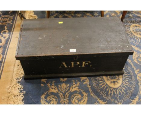 Vintage pine toolbox initialled A P F and small quantity of tools, height 25 cm, width 69 cm, depth 33.5 cm  