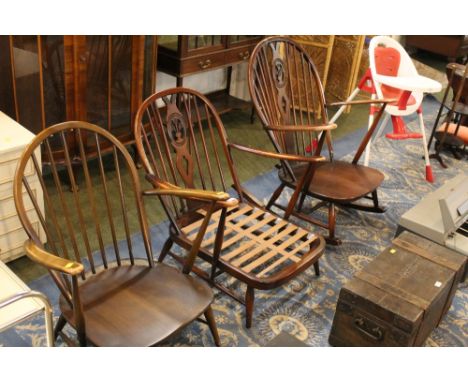 Three Ercol lounge chairs, one rocker, two standard