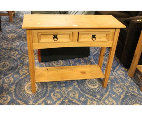 Pine two drawer hall table with shelf, height 73 cm, width 88 cm, depth 32 cm