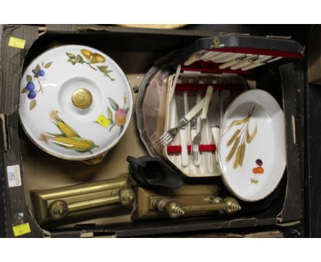 Royal Worcester tureen and vegetable dish, pair of brass fire dogs, metal tray, boxed fish cutlery etc