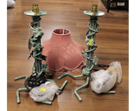 Pair of green ivy pattern lamp bases and pink lampshade