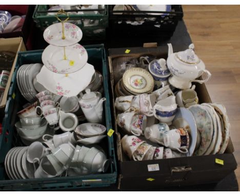 Two boxes of part tea sets, cups, saucers, cake plates, milk, sugars etc