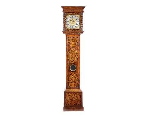 A WILLIAM AND MARY WALNUT AND MARQUETRY LONGCASE CLOCK BY THOMAS BRIDGE LONDON, C.1700 the brass eight day movement with five