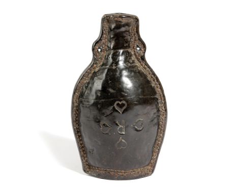 A GEORGE III LEATHER FLASK DATED '1771' of bottle form, with an open spout and pierced with two holes and with stitched edges