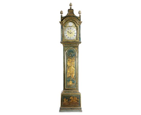 A GEORGE II BLUE JAPANNED LONGCASE CLOCK BY CONYERS DUNLOP LONDON, C.1740 the brass eight day movement with four turned pilla