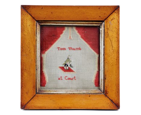 A SMALL VICTORIAN WOOLWORK PICTURE SECOND HALF 19TH CENTURY titled 'Tom Thumb at Court', petit point stitch on a canvas groun