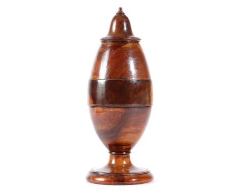 A GEORGE IV TREEN LIGNUM VITAE COFFEE GRINDER C.1820-30 of bullet shape, in three sections, with a bell shaped top and a fold