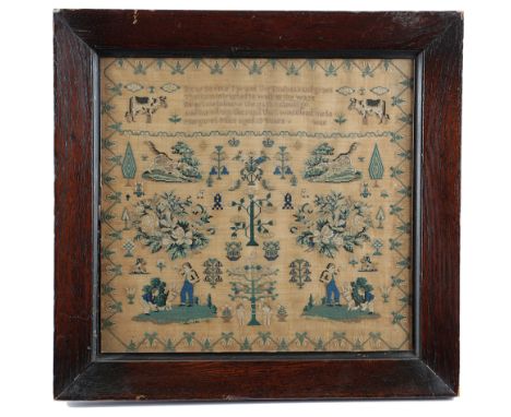 A NEEDLEWORK SAMPLER BY MARGARET MILES, C.1840 worked with polychrome silks on a fine linen ground, in cross-stitch with mirr