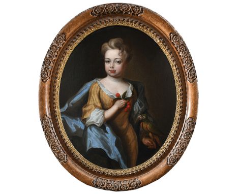 ATTRIBUTED TO EDWARD BYNG (1676-1756) Portrait of a girl holding a parrot and cherries Oil on canvas, oval 77 x 65cm Provenan