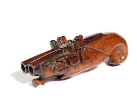 A TREEN DOUBLE-BARRELLED FLINTLOCK PISTOL SNUFF BOX EARLY 19TH CENTURY with a hinged cover 15.7cm long Provenance Upper Slaug