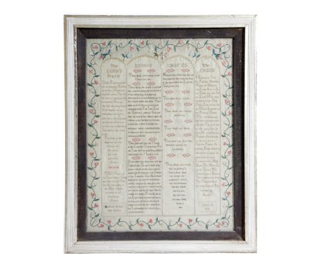 TWO REGENCY NEEDLEWORK SAMPLERS BY HANNAH NOBLE worked with polychrome silks on a canvas ground, with cross and satin stitch,