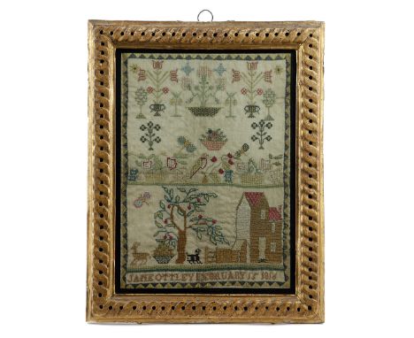 A REGENCY NEEDLEWORK SAMPLER BY JANE OTTLEY worked with brightly coloured silks on a linen ground, in cross, satin and eyelet