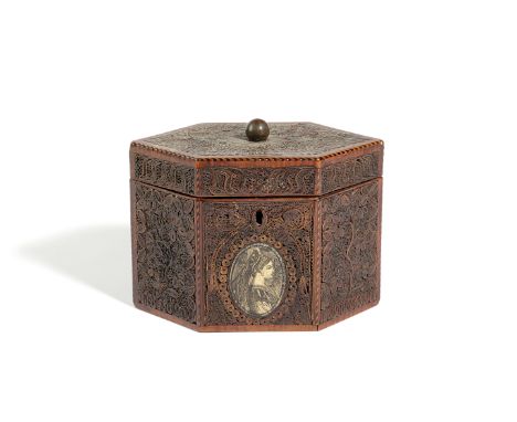 A GEORGE III HEXAGONAL SCROLLWORK TEA CADDY LATE 18TH CENTURY inlaid with barber's pole stringing and with panels of rolled p