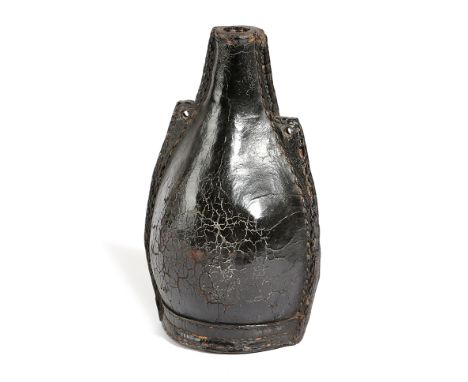 A WILLIAM AND MARY LEATHER FLASK LATE 17TH CENTURY of shouldered bottle form, with an open spout, pierced with two holes and 