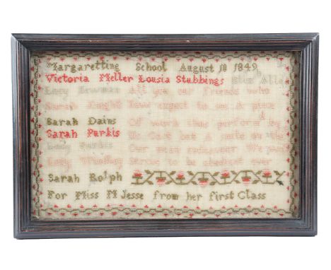 A VICTORIAN NEEDLEWORK SCHOOL SAMPLER DATED '1849' worked with polychrome silk floss on a linen ground with cross stitch, wit