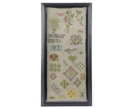 A RARE NEEDLEWORK SPOT SAMPLER MID-17TH CENTURY AND LATER worked with polychrome silk floss on an undyed linen ground with ru