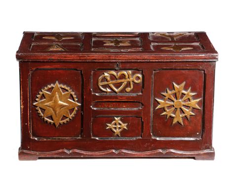 *Amended*A NORTHERN IRISH PINE SHIP CARPENTER'S CHEST ULSTER, 19TH CENTURY with parcel gilt decoration, carved with star moti