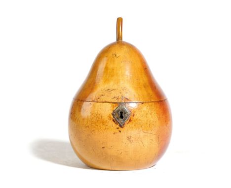 A TREEN FRUITWOOD TEA CADDY IN THE FORM OF A PEAR PROBABLY GERMAN, LATE 18TH / EARLY 19TH CENTURY with a stalk finial and an 