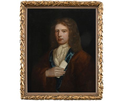 ENGLISH SCHOOL EARLY 18TH CENTURY Portrait of a gentleman, half-length, wearing a brown coat with blue lining, and holding a 