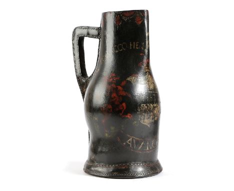 A GEORGE III LEATHER BLACKJACK LATE 18TH CENTURY polychrome decorated with a coat of arms for General Rowland Hill, with a ra