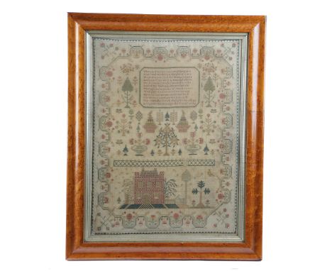 A REGENCY NEEDLEWORK SAMPLER BY CAROLINE WILKINSON worked with coloured silks on a fine linen ground, in cross stitch, with a