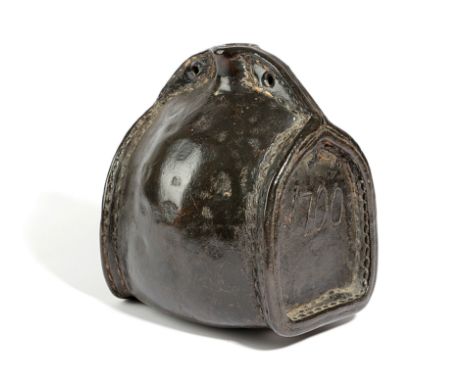 A WILLIAM AND MARY LEATHER COSTREL DATED '1700' of shouldered form, with an open spout, pierced with two holes and with stitc