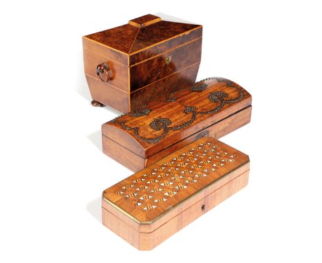 A REGENCY BURR YEW TEA CADDY EARLY 19TH CENTURY of sarcophagus shape, with a twin lidded interior, together with an early 19t