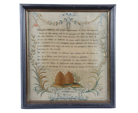 A REGENCY NEEDLEWORK SAMPLER BY A. M. HAIRBY worked with coloured silks on a linen ground, with an extract from Hugh Blair's 