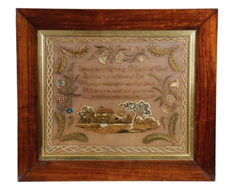 AN EARLY VICTORIAN NEEDLEWORK SAMPLER BY ISABELLA LAMB worked with coloured silks and chenille on a fine gauze ground, with a