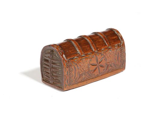 A TREEN DOMED TRUNK SNUFF BOX POSSIBLY WELSH, LATE 17TH CENTURY with chip carved decoration, the base with a sliding cover 8.
