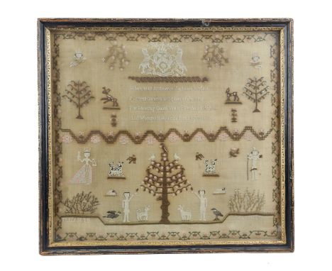 A GEORGE III NEEDLEWORK ADAM AND EVE SAMPLER BY ELIZABETH MAYFIELD worked with polychrome silk floss on a fine gauze ground, 