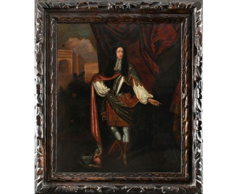 FOLLOWER OF WILLEM WISSING (1656-1687) Portrait of William III, full length, standing by a balustrade; Portrait of Mary II, f