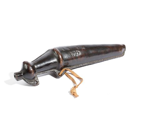 A RARE QUEEN ANNE LEATHER 'PISTOL-SHAPED' FLASK OR BOTTLE DATED '1714' in the form of a 'dagg'. the stitched seam with two lu