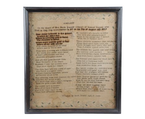AN AMERICAN NEEDLEWORK SAMPLER BY SARAH KNOWER, EARLY 19TH CENTURY worked with black and grey floss silk on a coarse linen gr