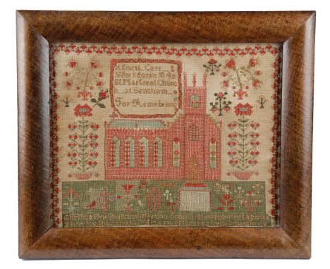 AN EARLY VICTORIAN NEEDLEWORK SAMPLER BY AGNES CARR worked in cross stitch with a view of the church of St. Margaret of Antio