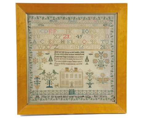 A WILLIAM IV NEEDLEWORK SCHOOL SAMPLER BY MARY WASDEN worked with coloured floss silks using cross, eyelet and satin stitches